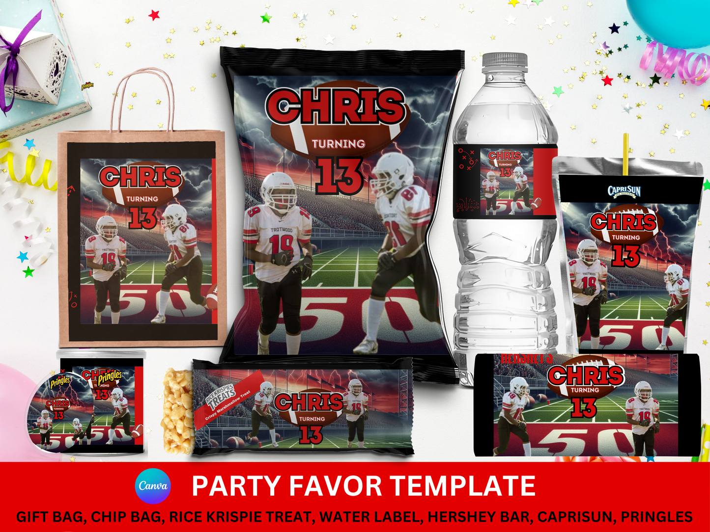 Football Party Favor Template (Digital Download Editable in Canva)