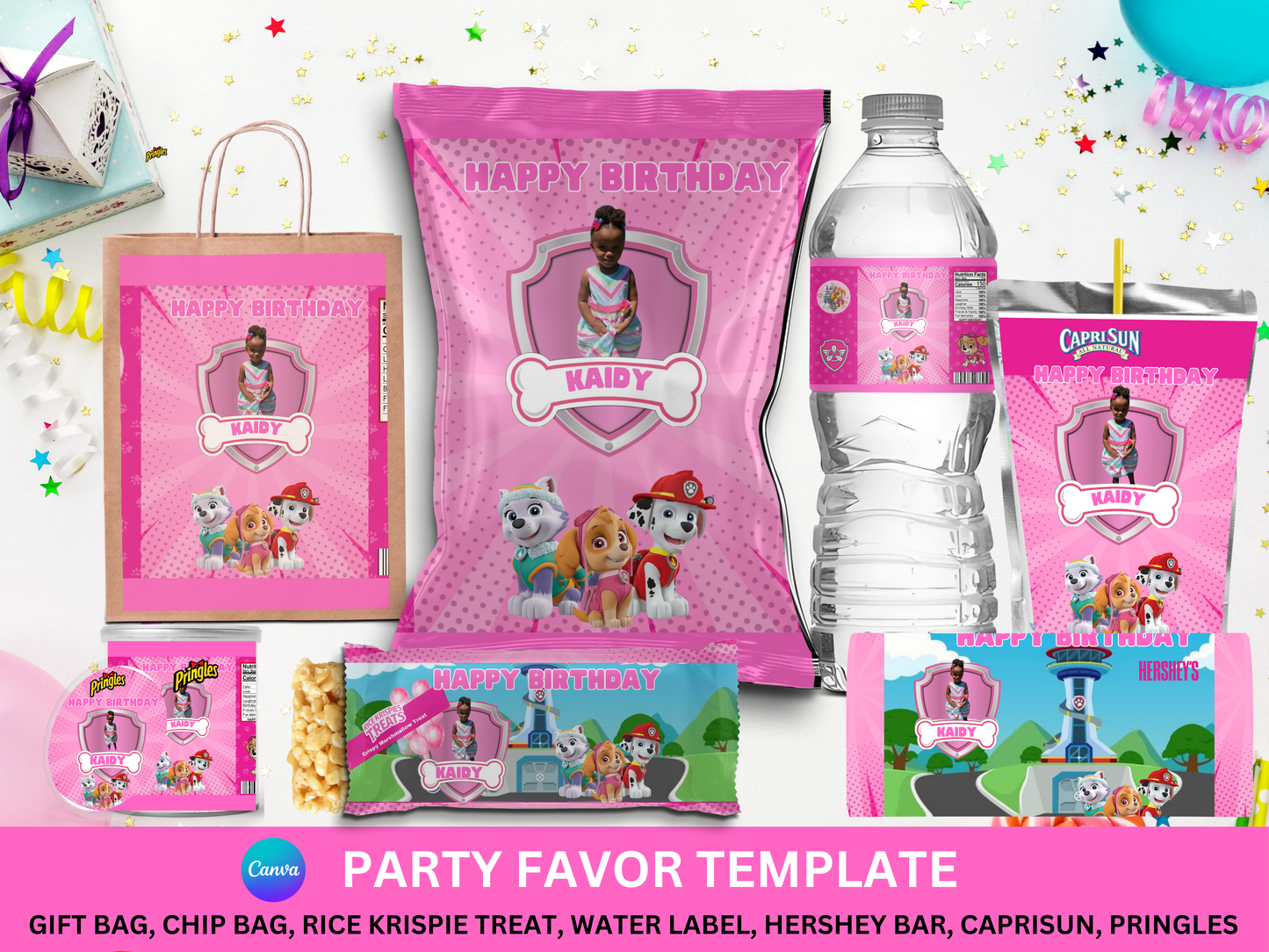 Pink Paw Patrol Favor Template (Digital Download Editable in Canva)